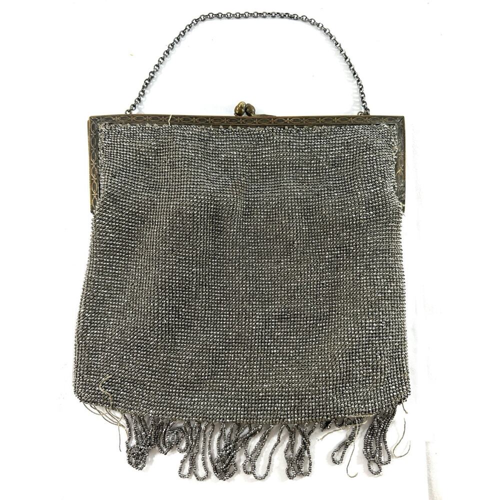 Antique Art Deco Silver Tone Mesh Evening Purse Beaded Fringe Chain Handle 1920s - Picture 2 of 11